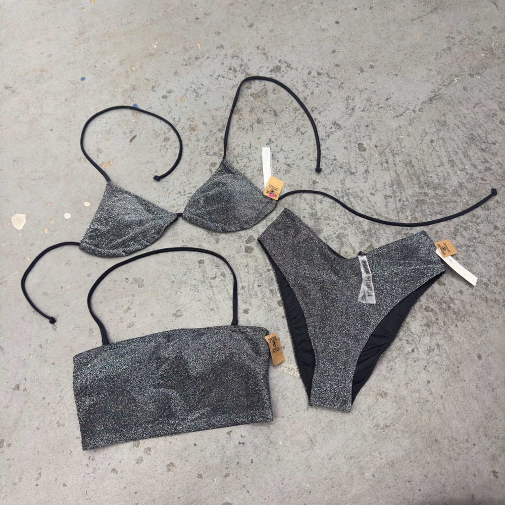 PINK Victoria's Secret 3pc Silver Glitter Bikini Set Triangle Bandeau XS NWT